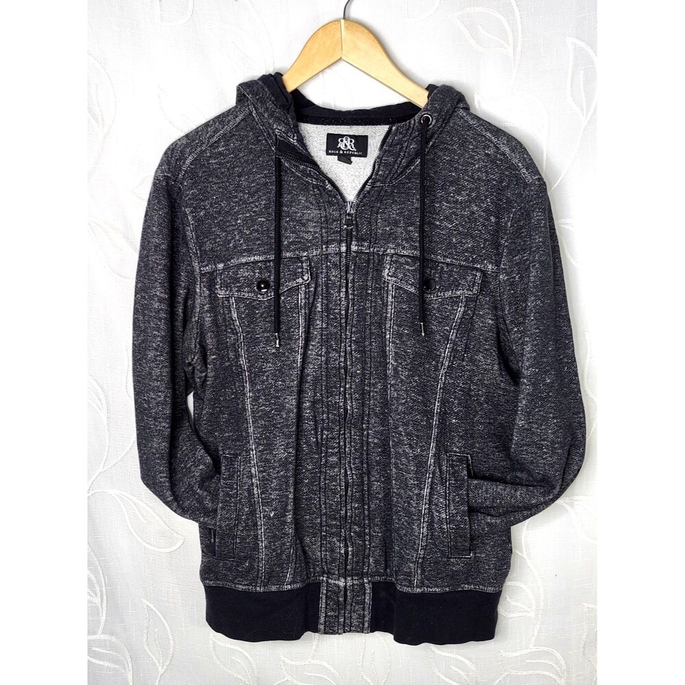 Rock & Republic Hoodie Mens Medium Black Full Zip Sweatshirt Jacket Casual